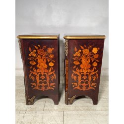 COPPIA COMODINI LEGNO INTARSIATO EPOCA '900 3 CASSETTI DECORI BRONZO DORATO