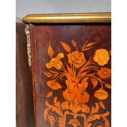 COPPIA COMODINI LEGNO INTARSIATO EPOCA '900 3 CASSETTI DECORI BRONZO DORATO