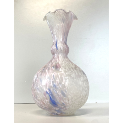 VASO FIORI VETRO MURANO GLOBOSO BOCCA ONDULATA INCLUSIONI BIANCO ROSA BLU '60