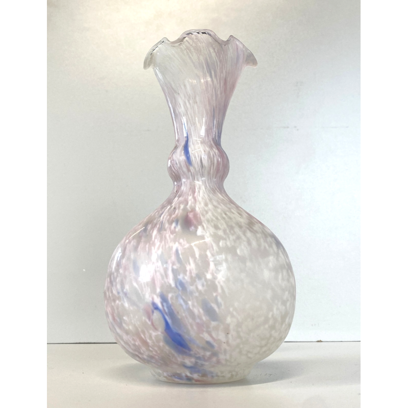 VASO FIORI VETRO MURANO GLOBOSO BOCCA ONDULATA INCLUSIONI BIANCO ROSA BLU '60