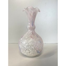 VASO FIORI VETRO MURANO GLOBOSO BOCCA ONDULATA INCLUSIONI BIANCO ROSA BLU '60