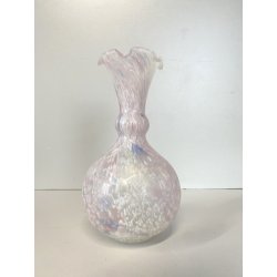 VASO FIORI VETRO MURANO GLOBOSO BOCCA ONDULATA INCLUSIONI BIANCO ROSA BLU '60