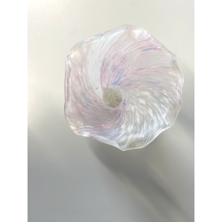VASO FIORI VETRO MURANO GLOBOSO BOCCA ONDULATA INCLUSIONI BIANCO ROSA BLU '60