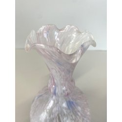 VASO FIORI VETRO MURANO GLOBOSO BOCCA ONDULATA INCLUSIONI BIANCO ROSA BLU '60
