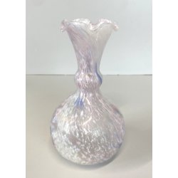 VASO FIORI VETRO MURANO GLOBOSO BOCCA ONDULATA INCLUSIONI BIANCO ROSA BLU '60
