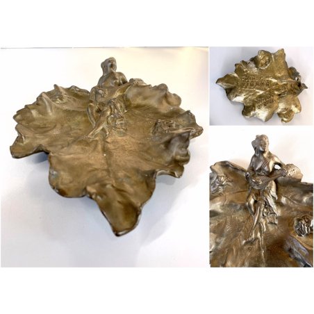 ANTICO PIATTO DECORATIVO CENTROTAVOLA SVUOTATASCHE SCULTURA BRONZO ART NOUVEAU