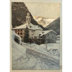 QUADRO DIPINTO OLIO Pagani 1987 PAESAGGIO NEVE Valsesia Rima S. Giuseppe CHIESA