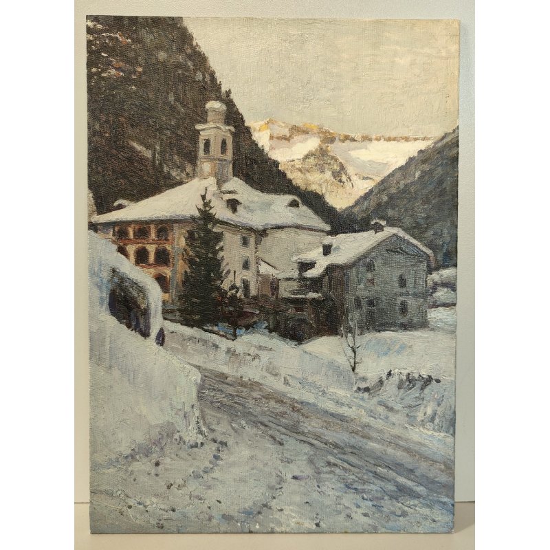 QUADRO DIPINTO OLIO Pagani 1987 PAESAGGIO NEVE Valsesia Rima S. Giuseppe CHIESA