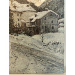 QUADRO DIPINTO OLIO Pagani 1987 PAESAGGIO NEVE Valsesia Rima S. Giuseppe CHIESA