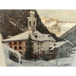 QUADRO DIPINTO OLIO Pagani 1987 PAESAGGIO NEVE Valsesia Rima S. Giuseppe CHIESA