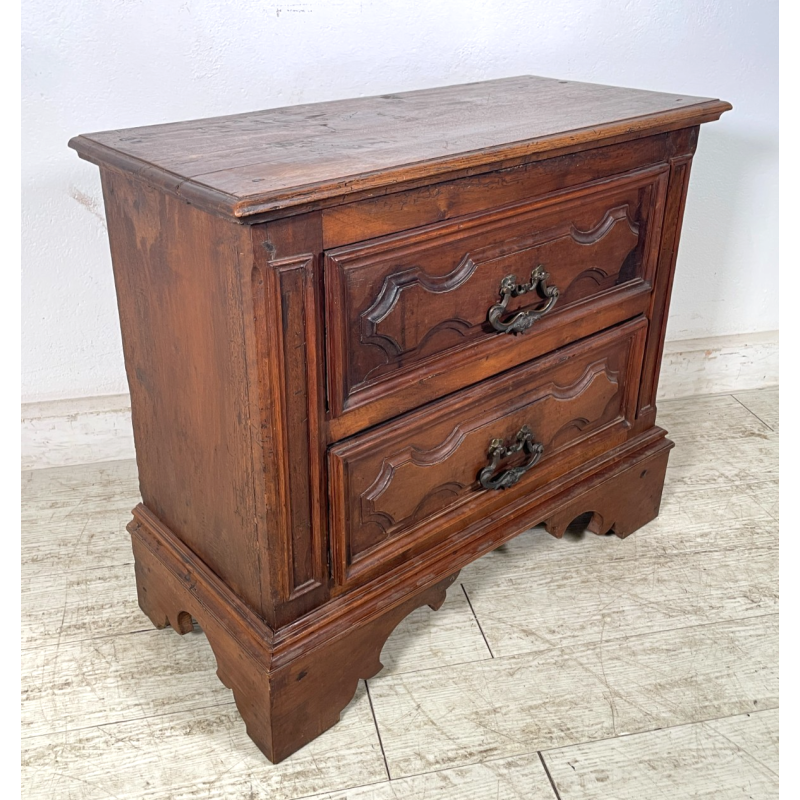 ANTICO piccolo CANTERANO COMODINO CASSETTIERA  epoca 1800 Legno Noce 2 CASSETTI