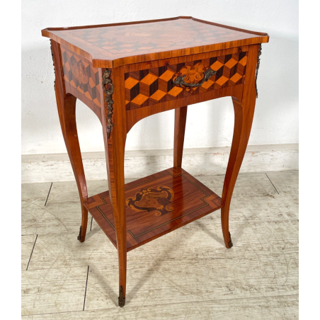 COMODINO INTARSIATO LEGNO STILE LUIGI XV epoca '900 CASSETTO ETAGERE RIPIANO