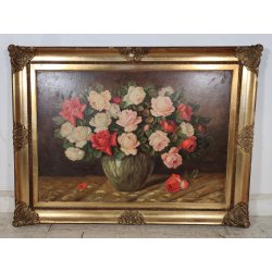 ANTICO QUADRO DIPINTO OLIO TAVOLA L. Salomoni NATURA MORTA Vaso Fiori ROSE frame