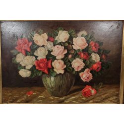 ANTICO QUADRO DIPINTO OLIO TAVOLA L. Salomoni NATURA MORTA Vaso Fiori ROSE frame