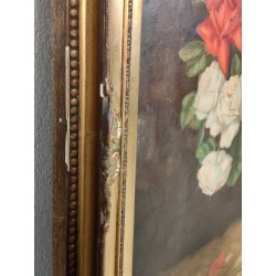 ANTICO QUADRO DIPINTO OLIO TAVOLA L. Salomoni NATURA MORTA Vaso Fiori ROSE frame