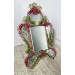 ANTICA SPECCHIERA VENEZIANA EPOCA '900 DECORO FLOREALE VETRO VERDE ROSA SPECCHIO