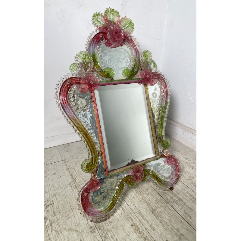 ANTICA SPECCHIERA VENEZIANA EPOCA '900 DECORO FLOREALE VETRO VERDE ROSA SPECCHIO
