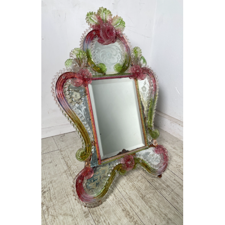 ANTICA SPECCHIERA VENEZIANA EPOCA '900 DECORO FLOREALE VETRO VERDE ROSA SPECCHIO
