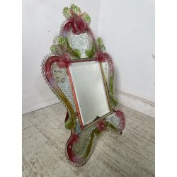 ANTICA SPECCHIERA VENEZIANA EPOCA '900 DECORO FLOREALE VETRO VERDE ROSA SPECCHIO