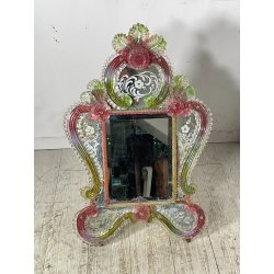 ANTICA SPECCHIERA VENEZIANA EPOCA '900 DECORO FLOREALE VETRO VERDE ROSA SPECCHIO