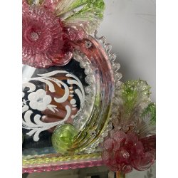 ANTICA SPECCHIERA VENEZIANA EPOCA '900 DECORO FLOREALE VETRO VERDE ROSA SPECCHIO