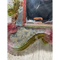 ANTICA SPECCHIERA VENEZIANA EPOCA '900 DECORO FLOREALE VETRO VERDE ROSA SPECCHIO