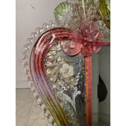 ANTICA SPECCHIERA VENEZIANA EPOCA '900 DECORO FLOREALE VETRO VERDE ROSA SPECCHIO