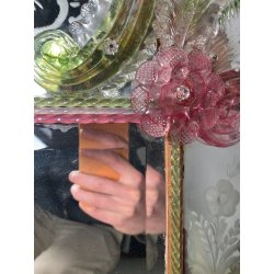 ANTICA SPECCHIERA VENEZIANA EPOCA '900 DECORO FLOREALE VETRO VERDE ROSA SPECCHIO