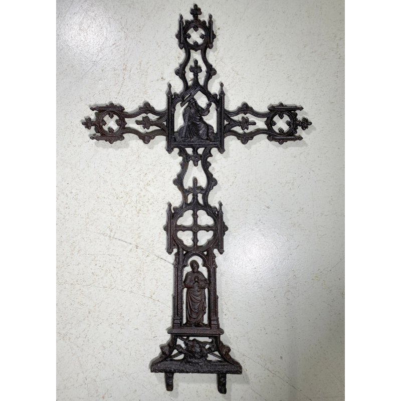 ANTICO CROCIFISSO GHISA/FERRO NEOGOTICO CROCE ORNAMENTALE RELIGIOSO 105 cm/h 800