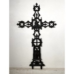ANTICO CROCIFISSO GHISA/FERRO NEOGOTICO CROCE ORNAMENTALE RELIGIOSO 105 cm/h 800