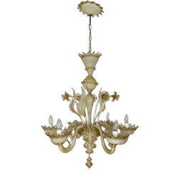 LAMPADARIO VETRO MURANO VENEZIANO BEIGE ORO FOGLIE FIORI 6 BRACCI ANNI 60 ø 74CM