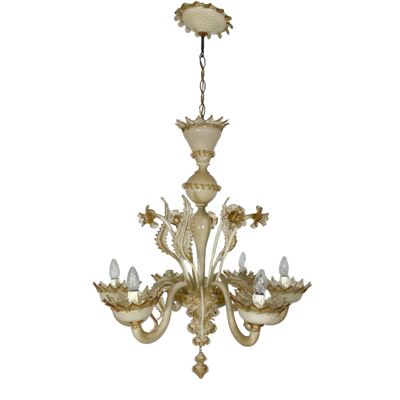 LAMPADARIO VETRO MURANO VENEZIANO BEIGE ORO FOGLIE FIORI 6 BRACCI ANNI 60 ø 74CM