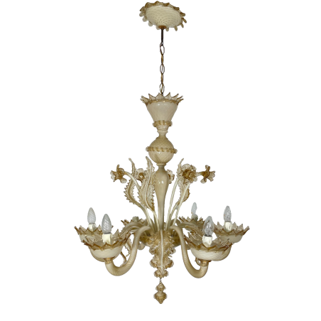 LAMPADARIO VETRO MURANO VENEZIANO BEIGE ORO FOGLIE FIORI 6 BRACCI ANNI 60 ø 74CM