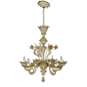 LAMPADARIO VETRO MURANO VENEZIANO BEIGE ORO FOGLIE FIORI 6 BRACCI ANNI 60 ø 74CM