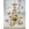 LAMPADARIO VETRO MURANO VENEZIANO BEIGE ORO FOGLIE FIORI 6 BRACCI ANNI 60 ø 74CM