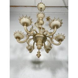 LAMPADARIO VETRO MURANO VENEZIANO BEIGE ORO FOGLIE FIORI 6 BRACCI ANNI 60 ø 74CM