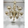 LAMPADARIO VETRO MURANO VENEZIANO BEIGE ORO FOGLIE FIORI 6 BRACCI ANNI 60 ø 74CM