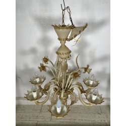 LAMPADARIO VETRO MURANO VENEZIANO BEIGE ORO FOGLIE FIORI 6 BRACCI ANNI 60 ø 74CM