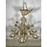 LAMPADARIO VETRO MURANO VENEZIANO BEIGE ORO FOGLIE FIORI 6 BRACCI ANNI 60 ø 74CM