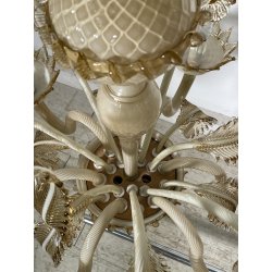 LAMPADARIO VETRO MURANO VENEZIANO BEIGE ORO FOGLIE FIORI 6 BRACCI ANNI 60 ø 74CM
