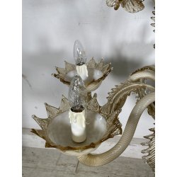 LAMPADARIO VETRO MURANO VENEZIANO BEIGE ORO FOGLIE FIORI 6 BRACCI ANNI 60 ø 74CM