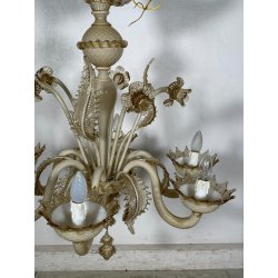LAMPADARIO VETRO MURANO VENEZIANO BEIGE ORO FOGLIE FIORI 6 BRACCI ANNI 60 ø 74CM