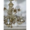 LAMPADARIO VETRO MURANO VENEZIANO BEIGE ORO FOGLIE FIORI 6 BRACCI ANNI 60 ø 74CM
