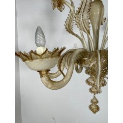 LAMPADARIO VETRO MURANO VENEZIANO BEIGE ORO FOGLIE FIORI 6 BRACCI ANNI 60 ø 74CM
