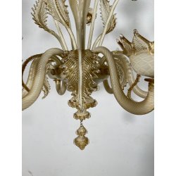 LAMPADARIO VETRO MURANO VENEZIANO BEIGE ORO FOGLIE FIORI 6 BRACCI ANNI 60 ø 74CM
