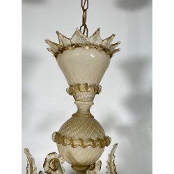 LAMPADARIO VETRO MURANO VENEZIANO BEIGE ORO FOGLIE FIORI 6 BRACCI ANNI 60 ø 74CM