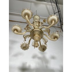 LAMPADARIO VETRO MURANO VENEZIANO BEIGE ORO FOGLIE FIORI 6 BRACCI ANNI 60 ø 74CM