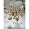 LAMPADARIO VETRO MURANO VENEZIANO BEIGE ORO FOGLIE FIORI 6 BRACCI ANNI 60 ø 74CM