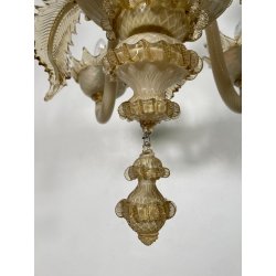 LAMPADARIO VETRO MURANO VENEZIANO BEIGE ORO FOGLIE FIORI 6 BRACCI ANNI 60 ø 74CM