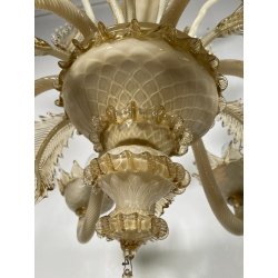 LAMPADARIO VETRO MURANO VENEZIANO BEIGE ORO FOGLIE FIORI 6 BRACCI ANNI 60 ø 74CM